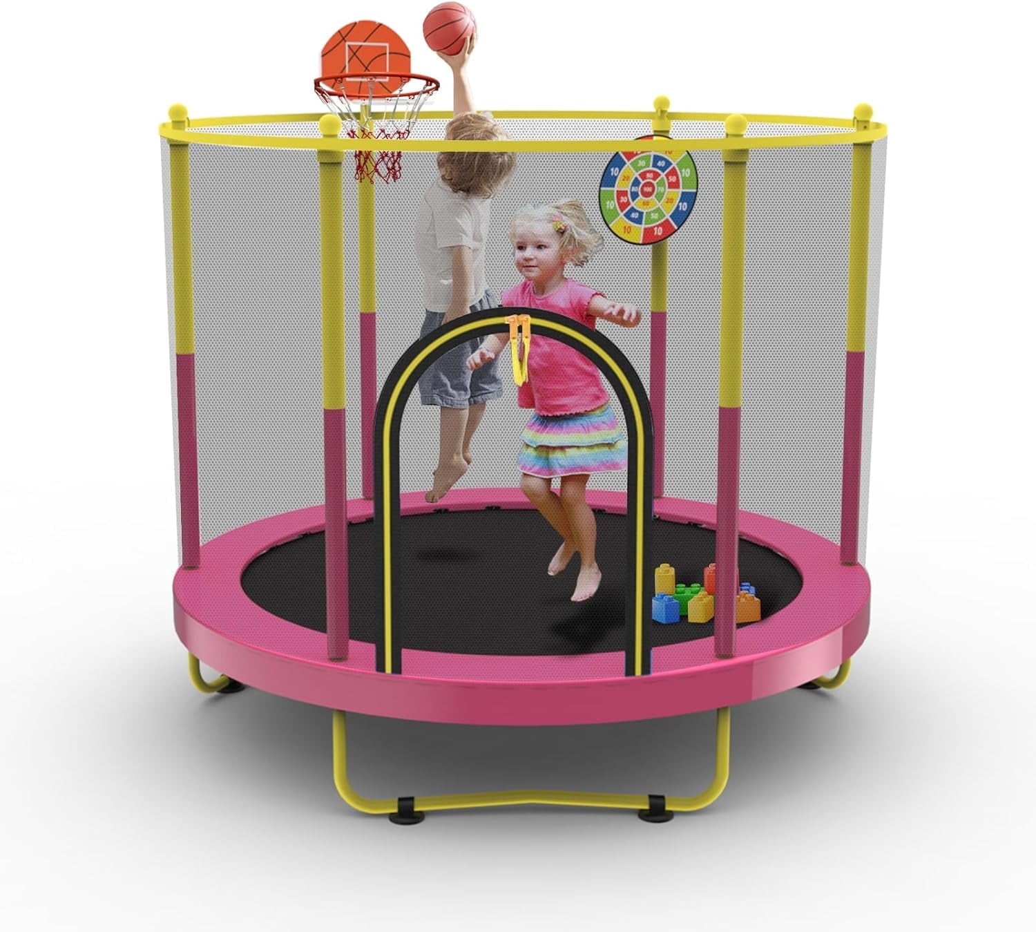 72" Trampoline for Kids with Net,6 FT Indoor & Outdoor Small Toddler Trampoline with Basketball Hoop & Dart Board for Ages 1-8, Gifts for Boys & Girls, Baby Toddler Christmas Toys