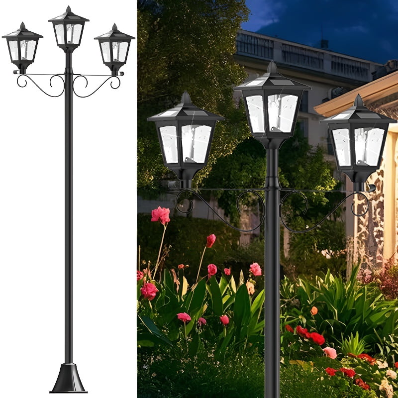 72" Triple-Head Solar Lamp Post, Vintage Outdoor Street Light for Garden, Lawn, Pathway – Waterproof, Dusk to Dawn