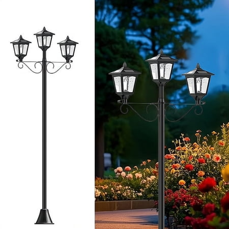 72" Triple-Head Vintage Solar Lamp Post Light, Outdoor Garden & Lawn Street Light, Waterproof LED