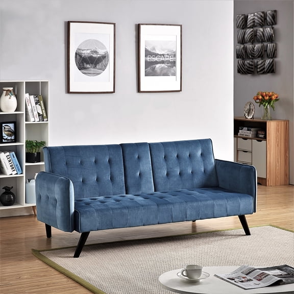 72" Velvet Convertible Sofa Bed with Cup Holders, Tufted Folding Futon Sleeper Couch, Mid-Century Modern 3 Seater for Small Spaces, 72" L x 34.6" D x 31" H, Blue