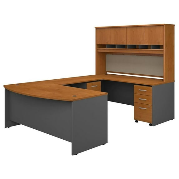 72"W Bow Front U-Shaped Desk with Hutch and Storage in Natural Cherry