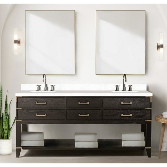72" W X 22" D Brown Oak Double Bath Vanity, White Quartz Top & Faucet - Soft Close, Four Drawers And Open Cabinet Shelf For Generous Storage Space Vanity 72 In. 22 In., Substantial Outlook