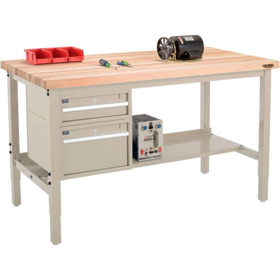 72"W x 36"D Workbench, 1-3/4" Thick Maple Top Square Edge with Drawers & Shelf, Tan
