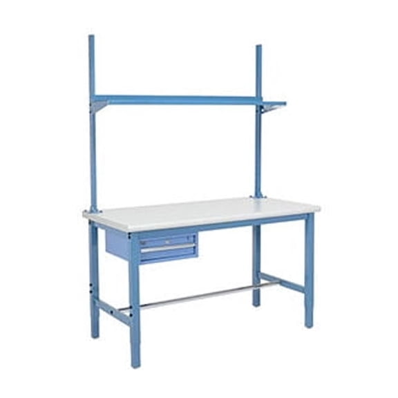 72"W x 36"D Workbench, 1-5/8" Thick Plastic Laminate Safety Edge with Drawer, Upright & Shelf, Blue