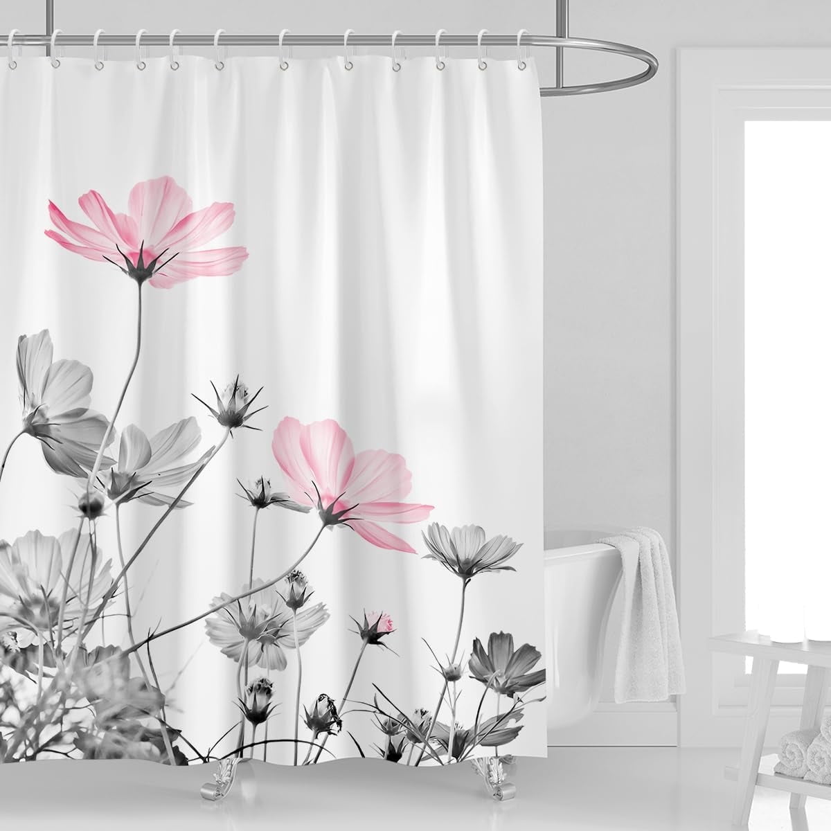 72''''W x 72''''L Shower Curtain Pink Grey Flowers Gray White Wildflower Daisy Floral Plant Ink Painting Botanical Simple Elegant Bathroom Curtains Polyester Fabric 12 Pack Plastic Hooks