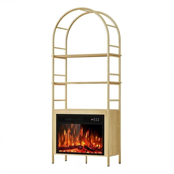 72" Medium Wood Arched Bookshelf with 23" Electric Fireplace & Metal Frame