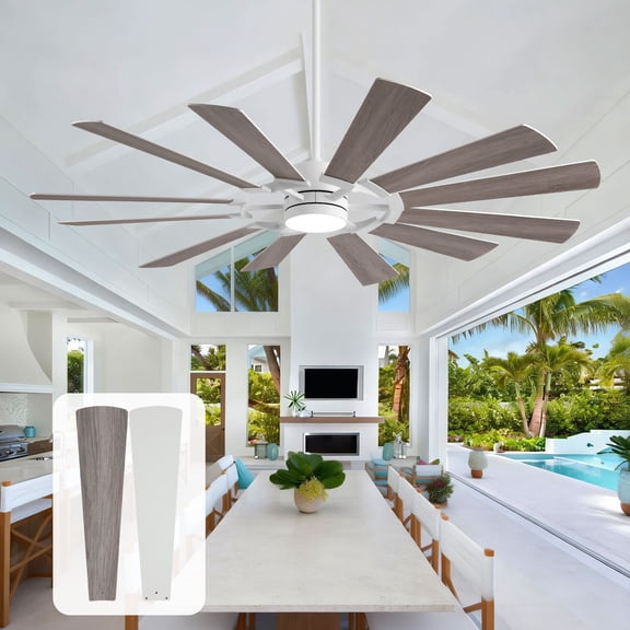 72" Windmill Ceiling Fan with Lights, Large Outdoor/Indoor DC Motor Fan, 12 Dual-Finish White/Gray Blades, 8095 CFM High Airflow, Quiet 6-Speed Reversible, 3-CCT Dimmable, Great Living Room Patios