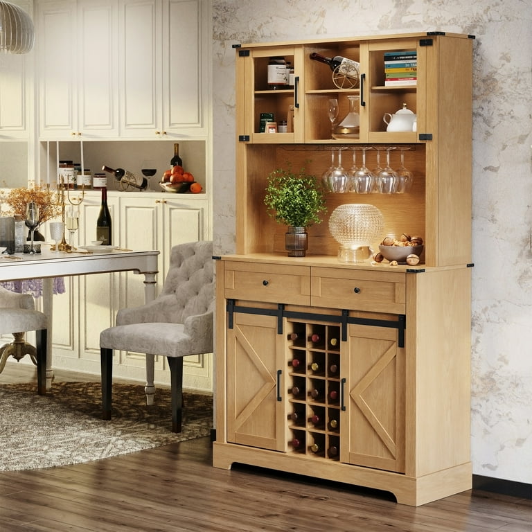HLR 72 Home Wine Bar Cabinet with Sliding Barn Door Hutch and Drawers for Dining Room Brown