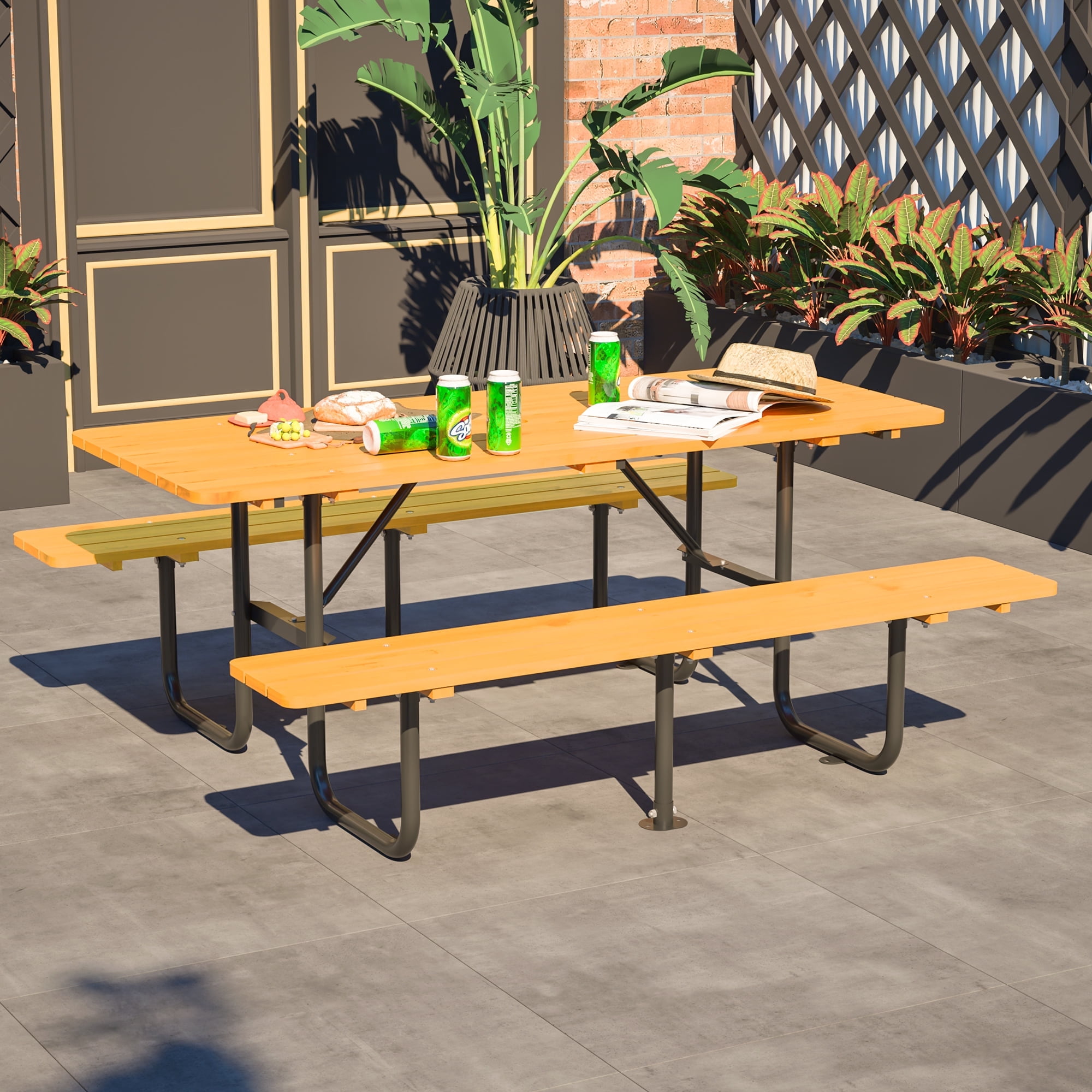 72" Wood Picnic Table w/Umbrella Hole for Outdoor, Rectangle Patio ...