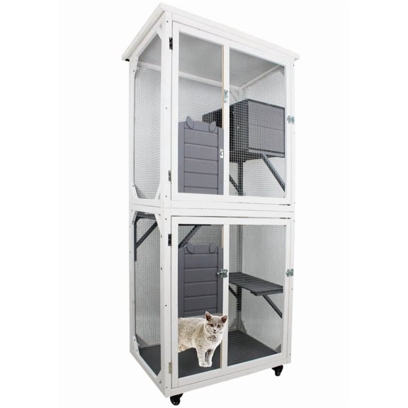72" Wooden Cat Cage Indoor Outdoor Cat Condo w/ Climbing Platforms & Resting Area, Gray