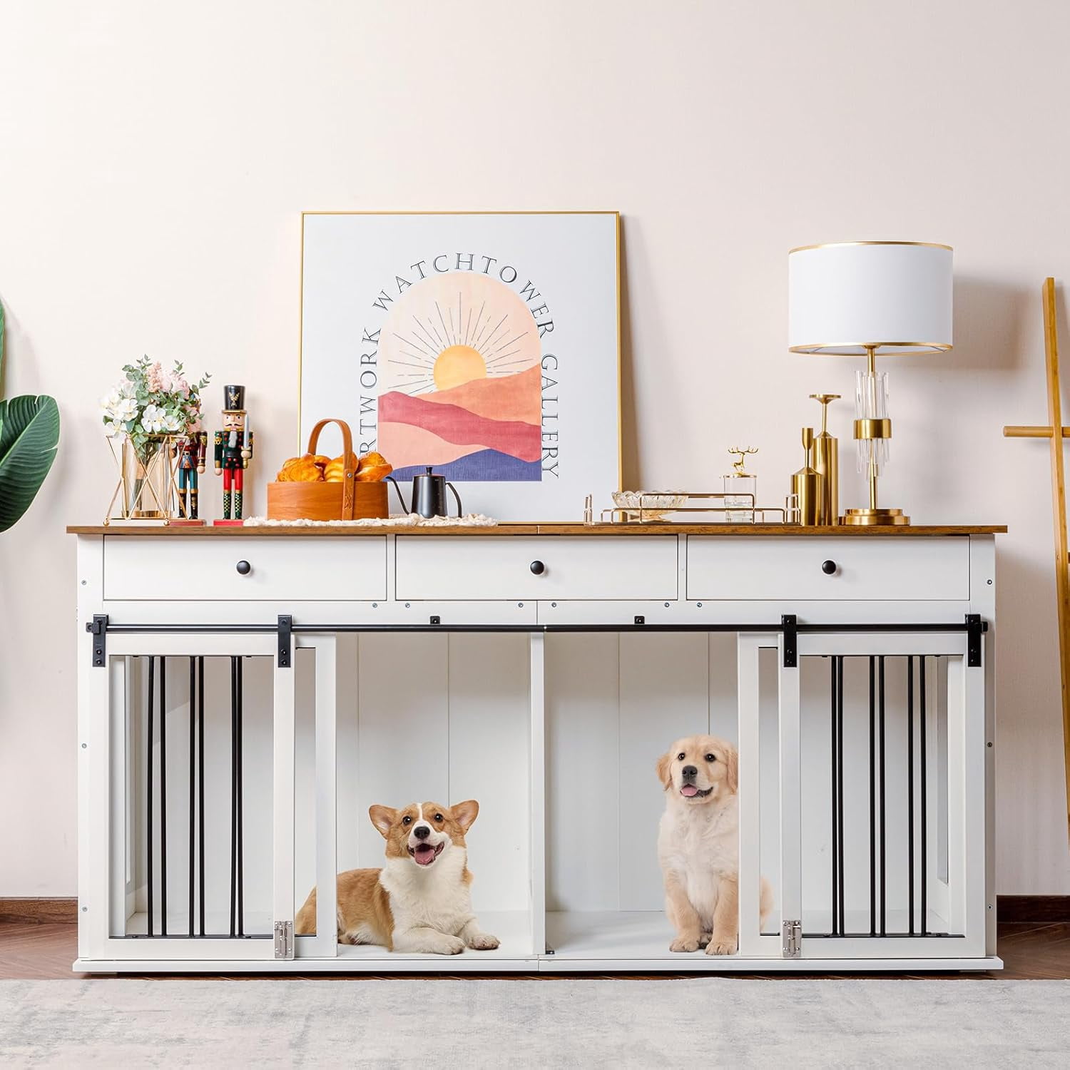 Image showcasing 72'' Wooden Dog Crate with 3 Drawers, Spacious Indoor TV Stand for ...