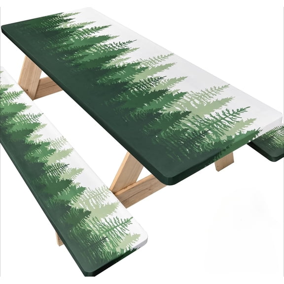 72 X 30 Inch Elastic Fitted Camping Table Cover with Bench Covers , Picnic Tablecloth, Fits 6ft Picnic Tables,Washable & Reusable, Spill Resistant, Waterproof - Green Pines