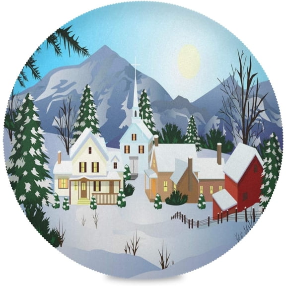 72"X 72" Christmas Village Elastic Fitted Edged Round Tablecloth Fade Resistant Anti-Shrink Table Cloth Washable Table Cover for Banquet Home Indoor or Outdoor