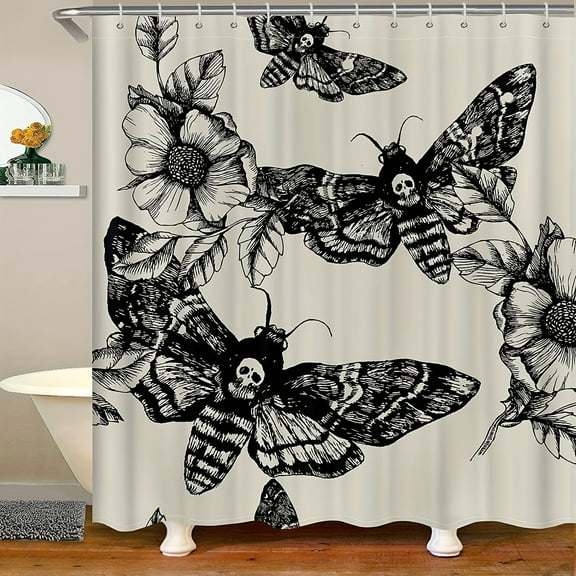72 X 72 inches Machine Washable Black Cream Bathroom Polyester Shower Curtain, Skull, Death Moth And Flowers, Skeleton Bones Decor