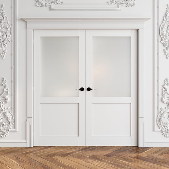 72" X 80" Interior Frosted Glass Paneled French Doors Solid Double Doors With Hardware Kit / Handles