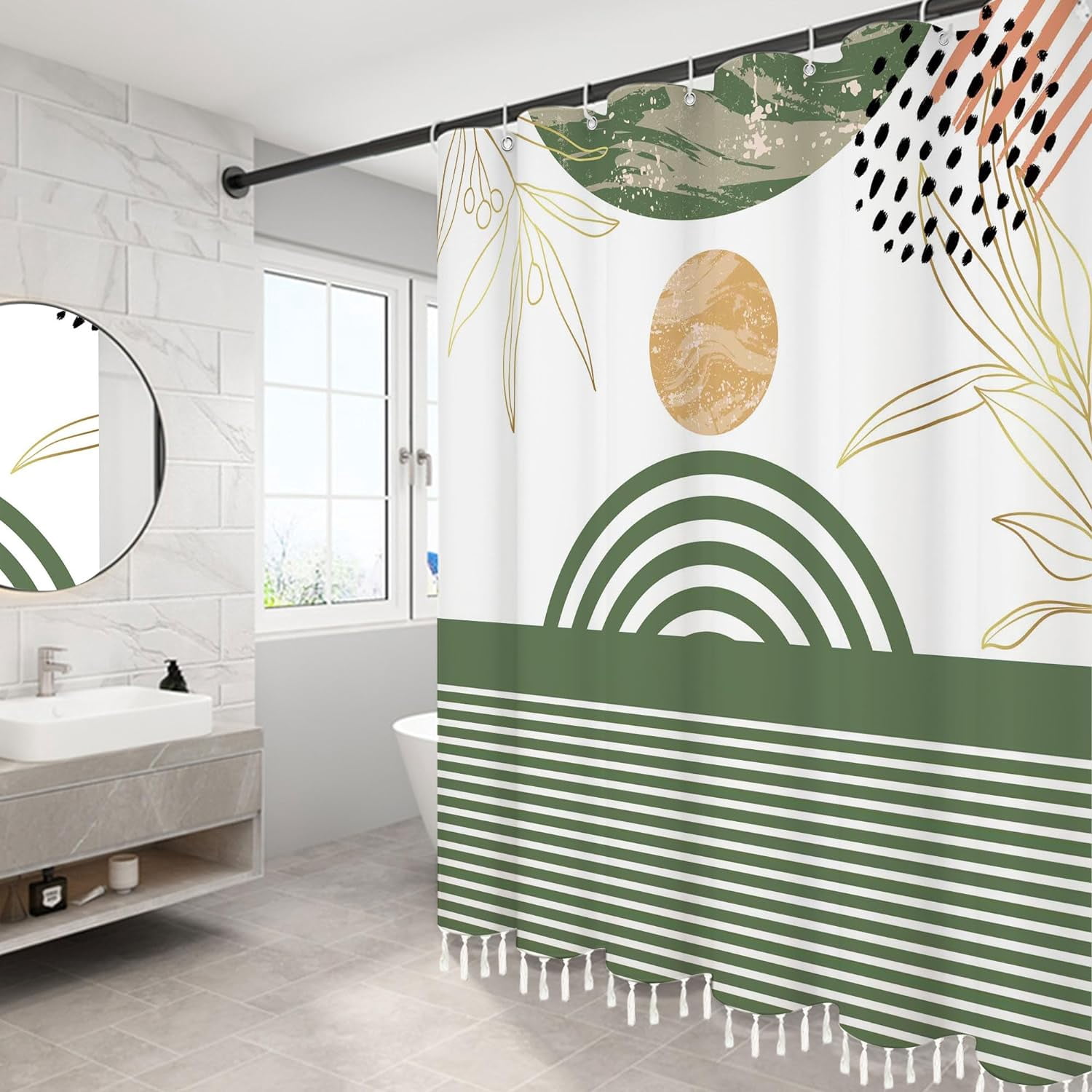 GiuMsi 72x72 Boho Shower Curtain - Beige & Green Stripes With Tassels, Waterproof Polyester, 12 Hooks - View #9