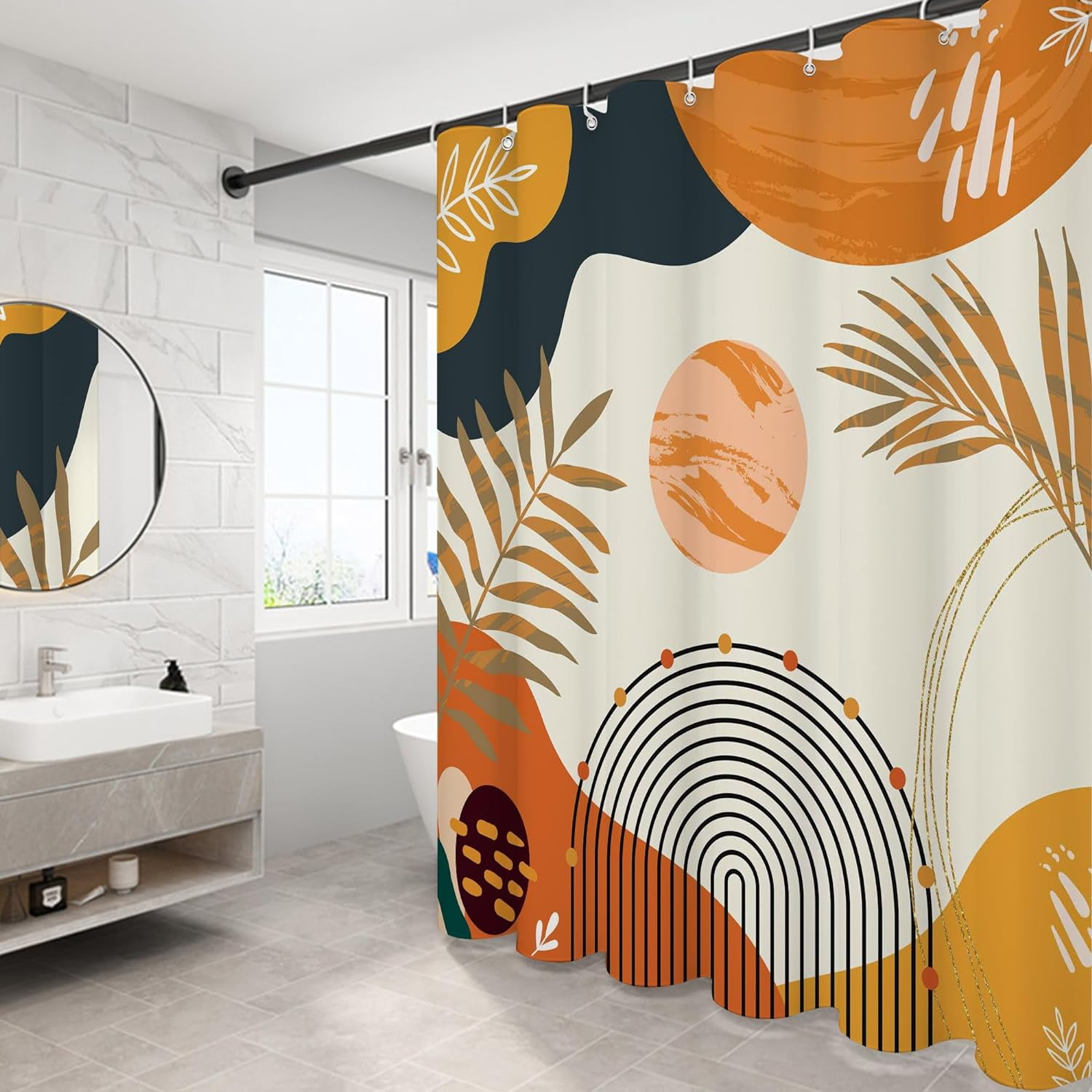 GiuMsi 60x72 Inch Boho Fabric Shower Curtain | Abstract Brown Beige Arch & Sun Design | Water Repellent, Includes 12 Hooks