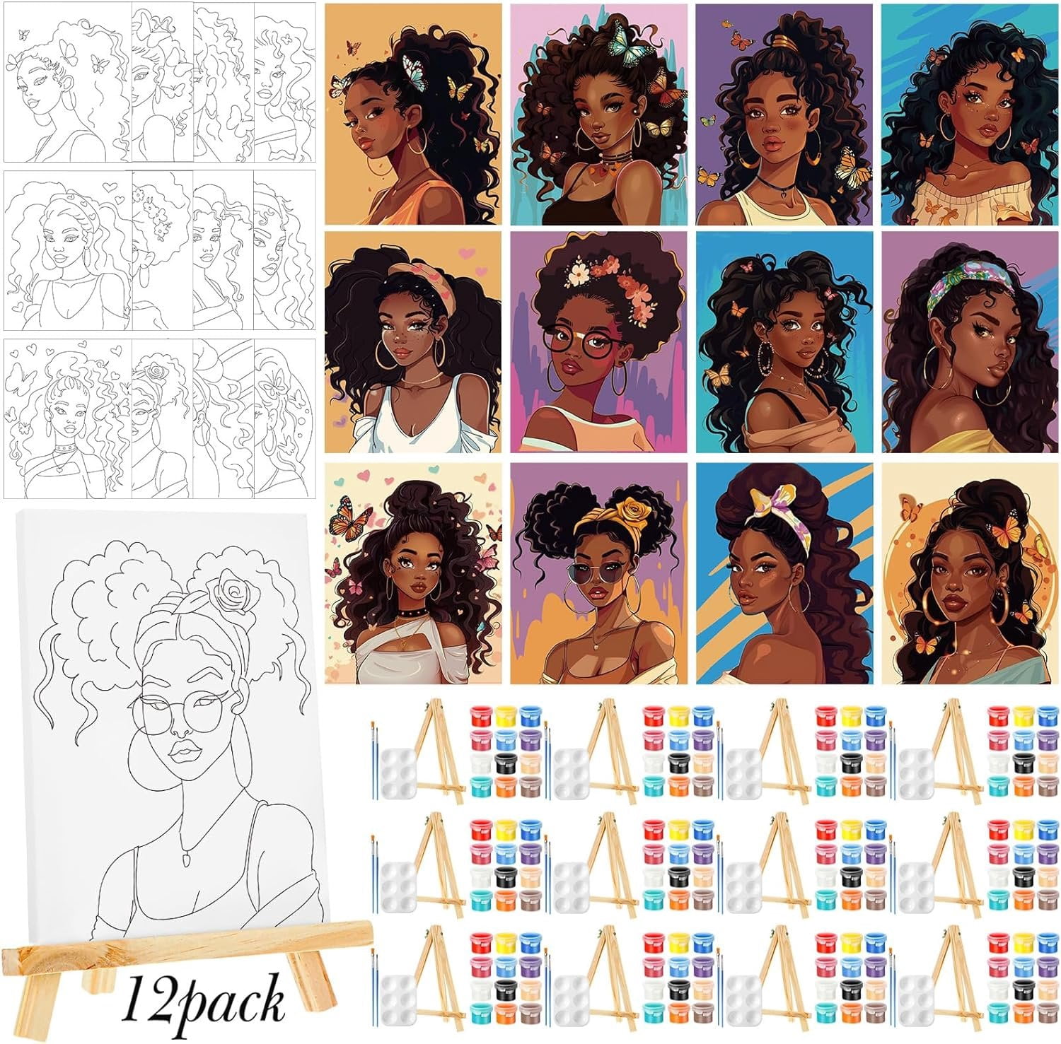 72 count 12 Sets Sip and  Kit Pre Drawn Canvas for Painting 8" x 10"  Party Canvas Painting Pre Printed Canvases for Party Favor DIY  Adult's Date Night(Charming Women)