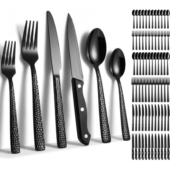 72 count Black Hammered Silverware Set with Steak  Stainless Steel Flatware Set for 12  Metal Tableware Serving Utensils Mirror Polished Cutlery Dishwasher Safe for Restaurant