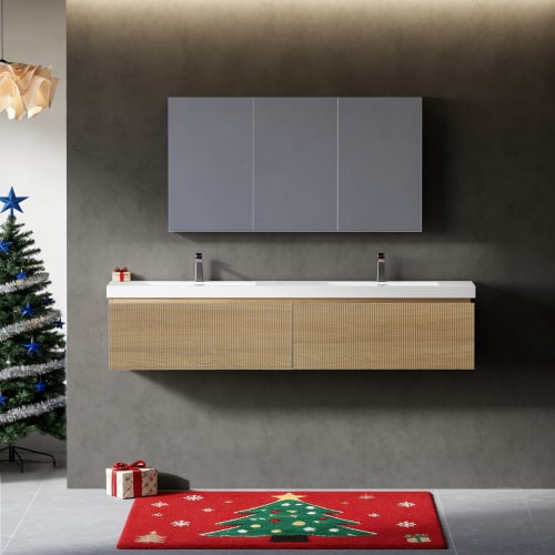 72" floating vanity with sink combo, striped wall-mounted cabinet with soft-close drawer and double glossy white solid surface basins, Natural Oak