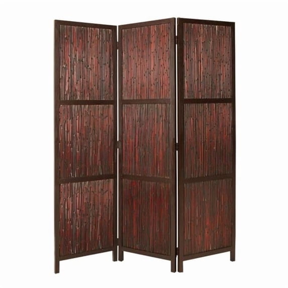 72 in. 3 Panel Privacy Screen with Hardwood Frame, Bamboo Strips, Brown & Red