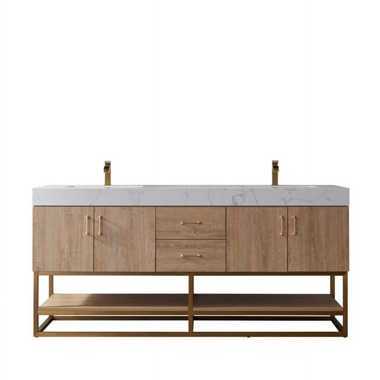 72-Inch Double Vanity with White Stone Countertop and Brushed Gold Trim
