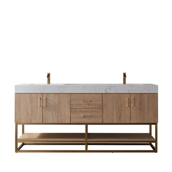 72 in. Alistair Double Vanity with White Grain Stone Countertop Without Mirror, North American Oak