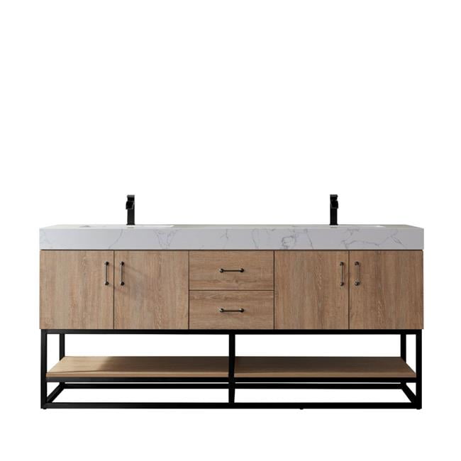 72 Inch Double Vanity with Matte Black Trim and Oak Finish
