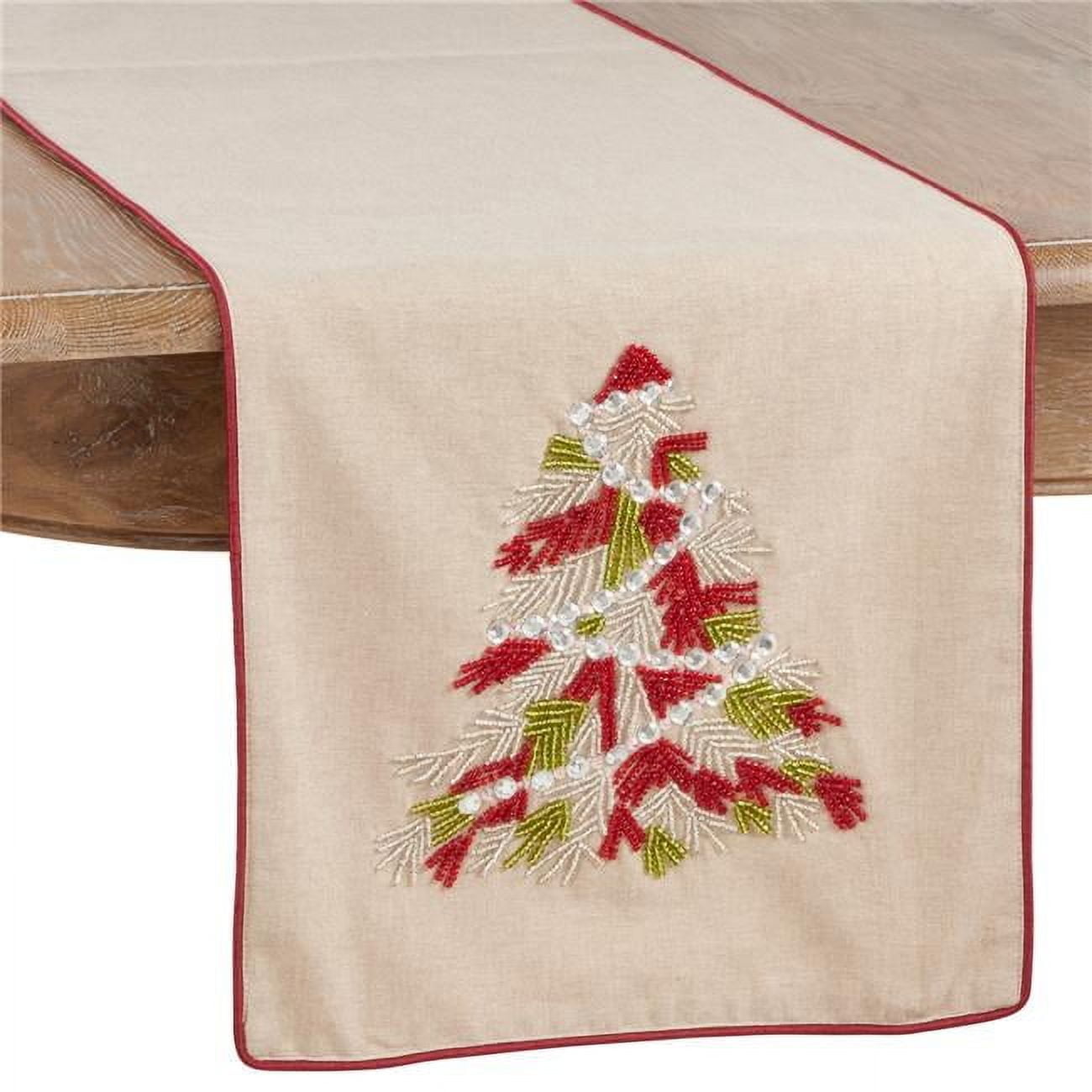Festive Red and Ivory Cotton Christmas Tree Table Runner, 16" x 72"