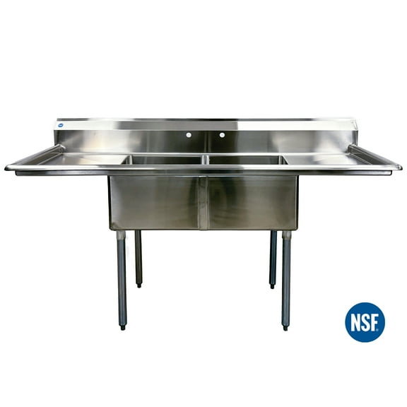 72 in. Commercial Restaurant Kitchen Two Compartment Stainless Steel Sink with Two Drain Board, NSF Certified