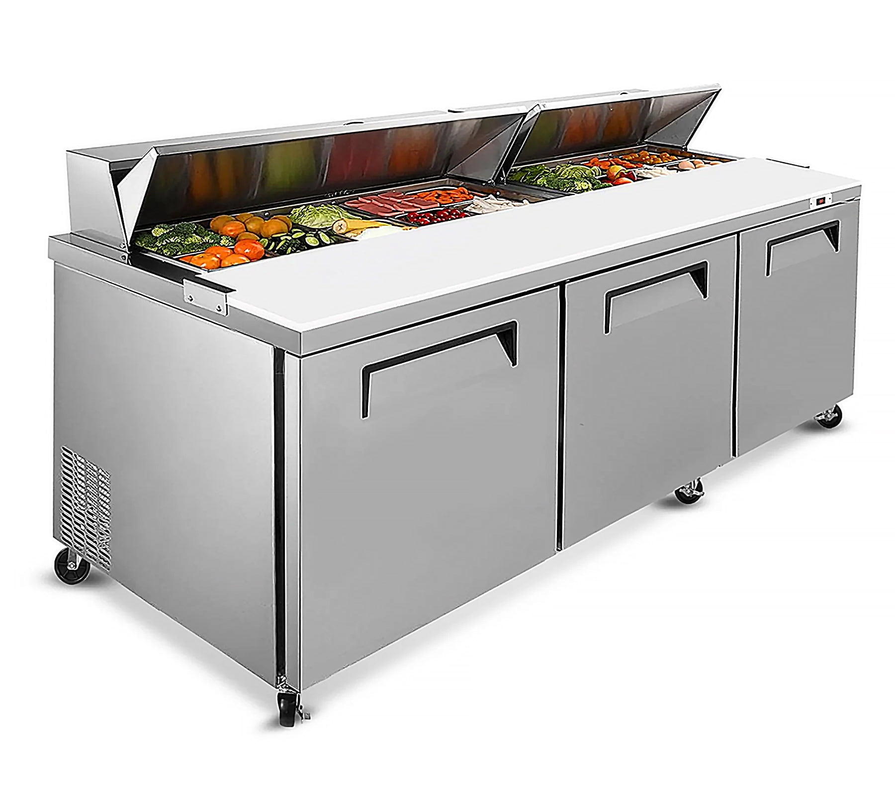72 in. Commercial Sandwich Prep Table Refrigerator, 18 Cu.Ft., 20 x 1/6 Pan Capacity, Dual Lids, 3-Door, Stainless Steel, NSF Certified