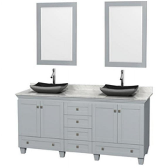 72 in. Double Bathroom Vanity In Oyster Gray, White Carrera Marble Countertop, Altair Black Granite Sinks With 24 in. Mirrors