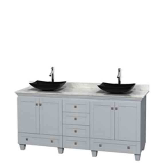 72 in. Double Bathroom Vanity In Oyster Gray, White Carrera Marble Countertop, Arista Black Granite Sinkss