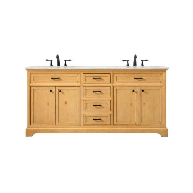 Natural Wood Double Bathroom Vanity with Carrara Marble Top