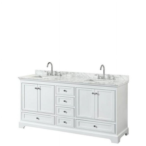 72 in. Double Bathroom Vanity, White Carrara Marble Countertop, Undermount Square Sink & No Mirror - White