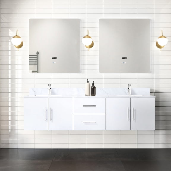 72-in Glossy White Double Vanity and 30-in Mirrors / Fully Assembled for Fast Installation
