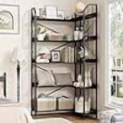 72 in L-Shaped Corner Bookshelf, 5-Tier Industrial Corner Bookcase with Beaded Accents, Tall Display Storage Rack, Metal Frame, MDF Shelves,Black
