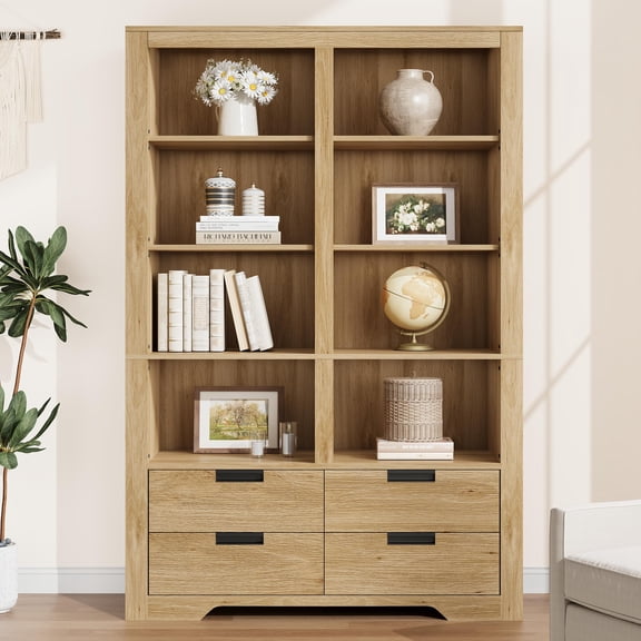 72 in Tall Book Shelf with Storage, Farmhouse Floor Standing Bookcase,Book Shelf with 4 Drawers, Freestanding Display Storage Shelves for Bedrooms