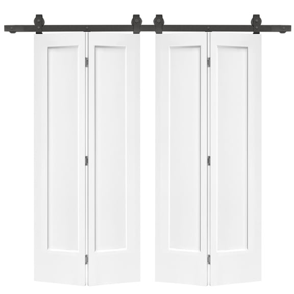 72 in. x 80 in. Hollow Core 1-Panel White MDF Composite Double Bi-Fold Barn Doors with Sliding Hardware Kit
