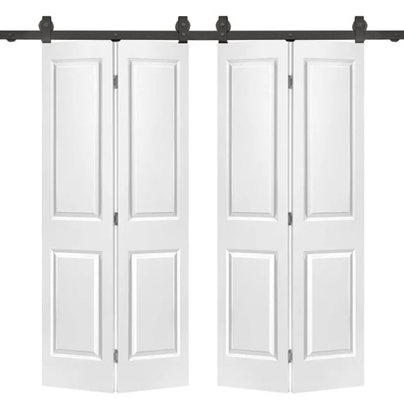 72 in. x 80 in. Hollow Core 2-Panel White MDF Composite Double Bi-Fold Barn Doors with Sliding Hardware Kit