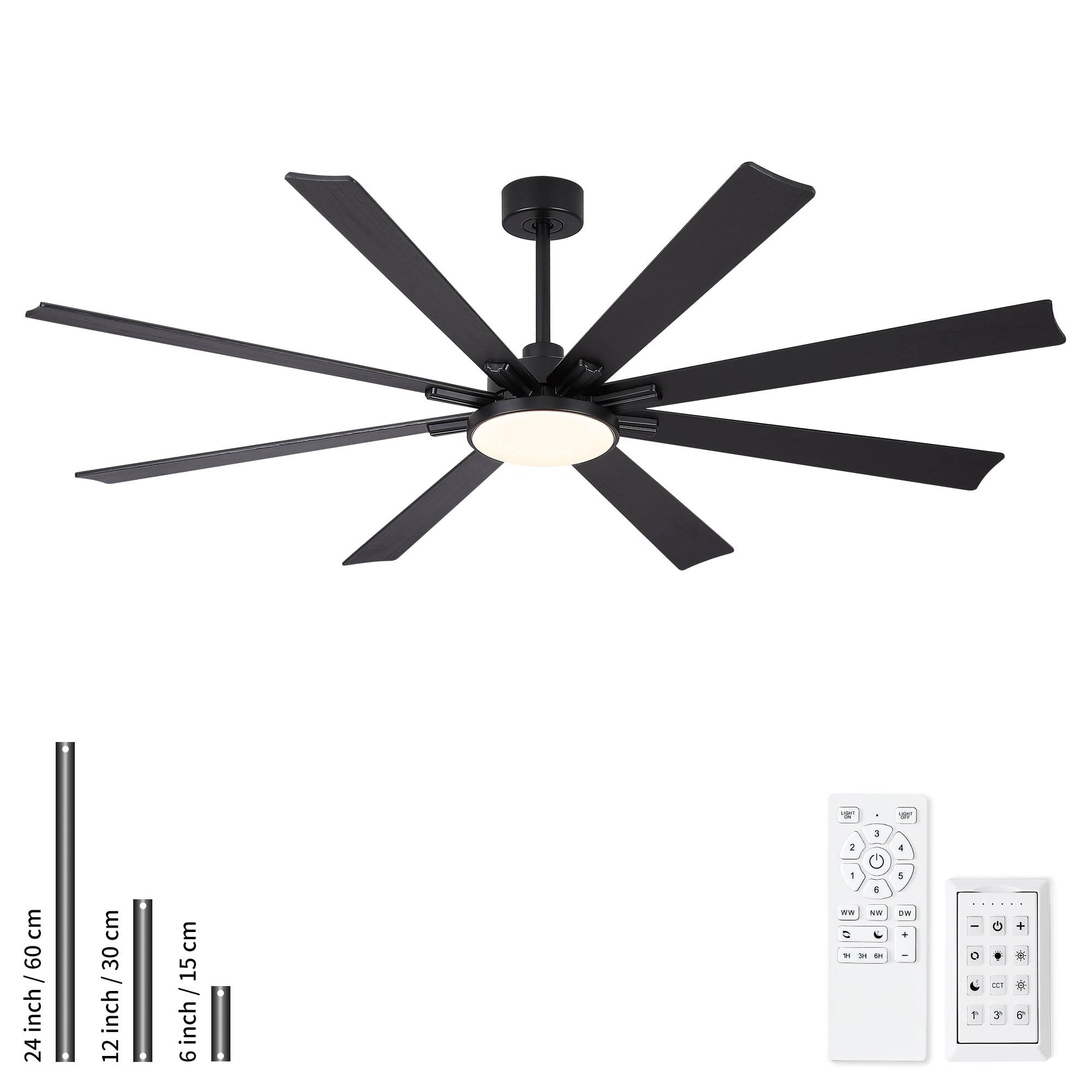 72 inch Ceiling Fan with Light, Solid Wood Blades DC Motor Reversible Remote Control,Black