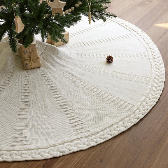 72 inch Christmas Tree Skirt: Extra Large Tree Skirt for 10ft Tree, Braided Cable Knit Cream White Tree Skirt, Vintage Tree Skirts, Rustic Farmhouse Christmas Decorations