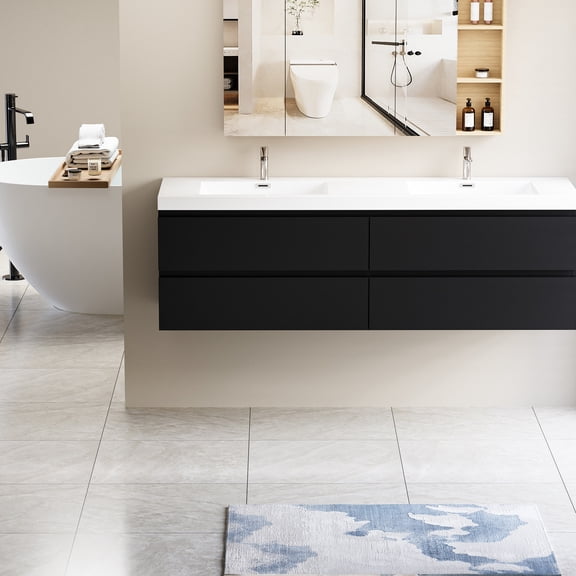 72-inch Floating Bathroom Vanity with 2 Resin Sinks and 4 Drawers for Easy Plumbing Installation