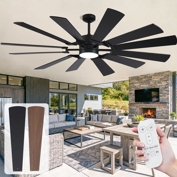 72 inch Outdoor Ceiling Fans for Patios with Light, Large Modern Industrial Quiet DC Wind-mill Fan with Remote, 12 Dual Finish Blades, 3CCT Dimmable, Indoor Outside Patios Porch Living Room
