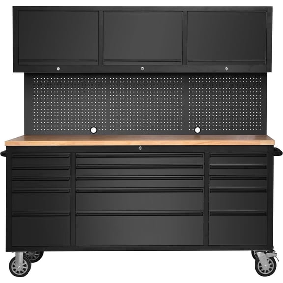 72-inch Rolling Tool Chest Cabinet Garage Workbench with 15 Storage Drawers and Wheels, 3 Upper Cabinet, Pegboard, Steel Large Tool Box for Garage Workshop, Matte Black