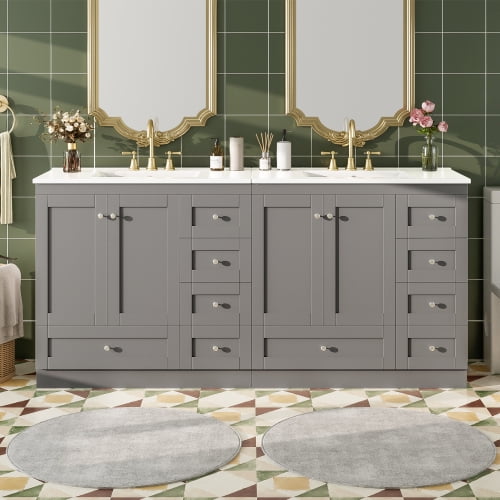 72-inch Shaker Style Bathroom Vanity with Double Ceramic Sink, Soft-Close Drawers and Doors, Freestanding Storage Cabinet for Bathroom Remodel, Grey