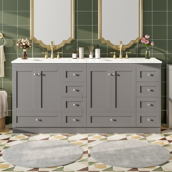 72 inch Shaker Style Free-Standing Bathroom Vanity Cabinet with Ceramic Sink, Soft-close Drawers and Soft-close doors