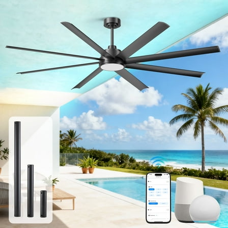 72 inch Outdoor Ceiling Fans for Patios with Light, Waterproof Aluminum 8 Blades Large Industrial Black Ceiling Fan, Alexa/Tuya App, Indoor Outdside Fans for Porch Living Room