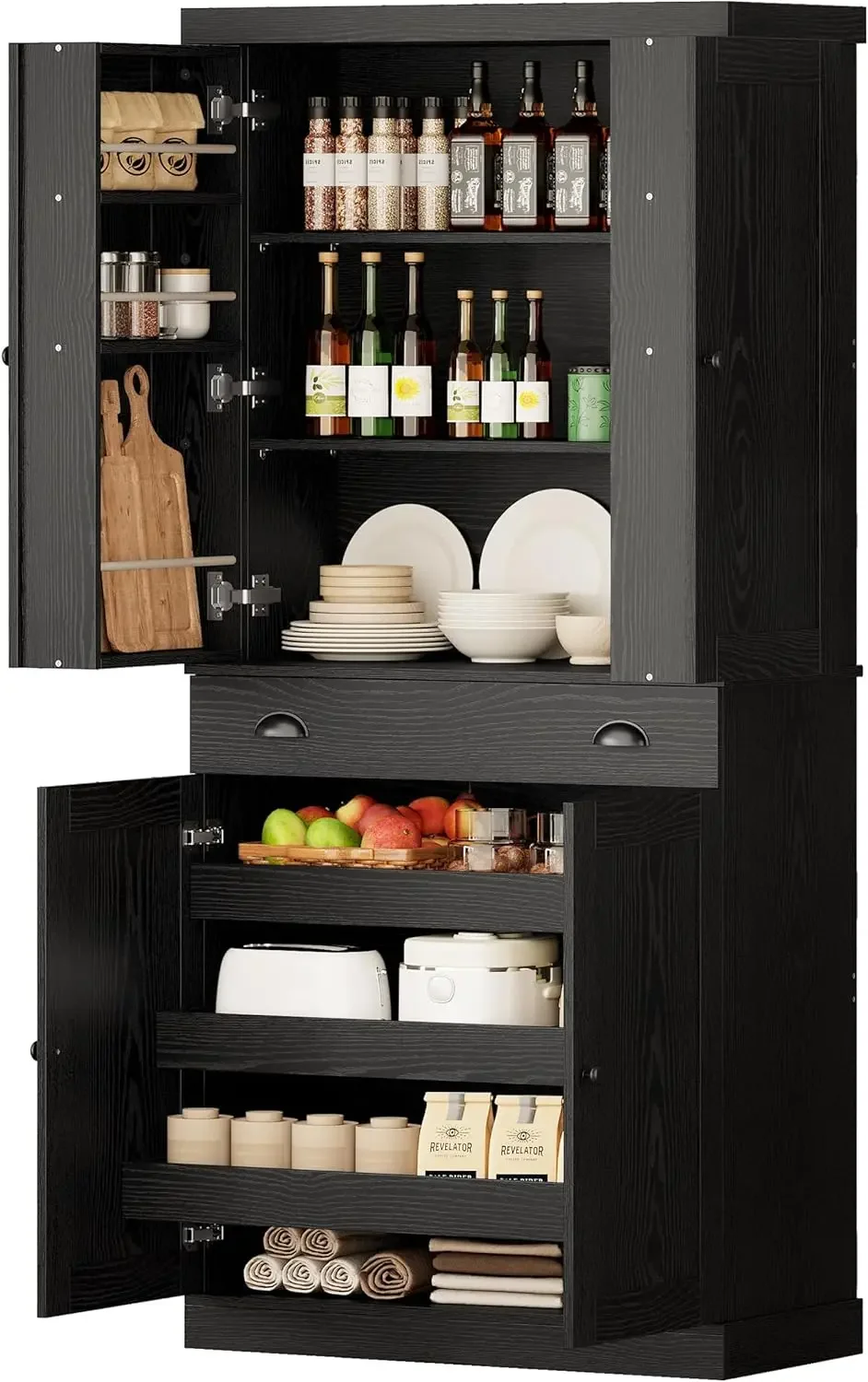 A 72-inch freestanding kitchen pantry cabinet. Features a drawer, a ...