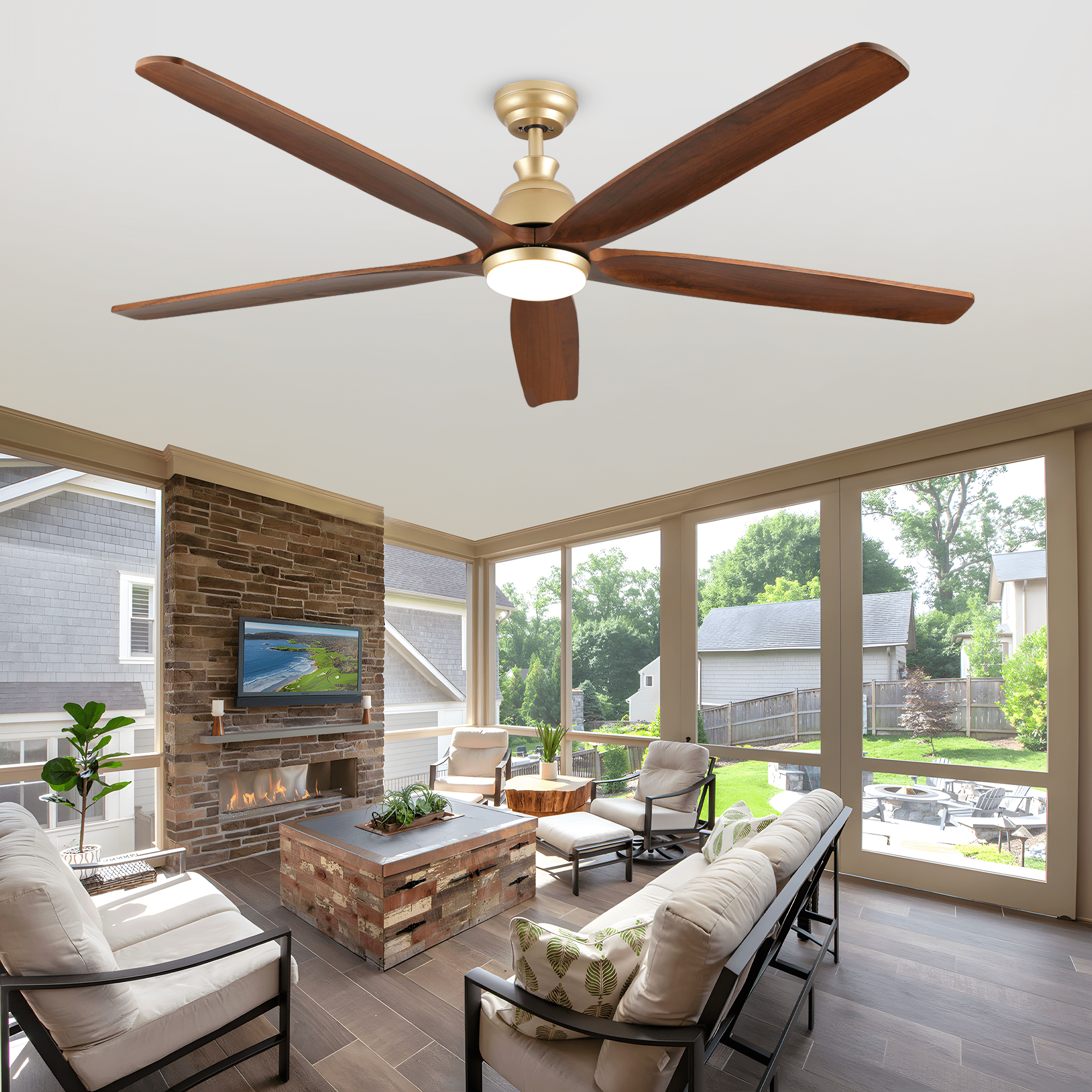 72 inch large Outdoor Ceiling Fans with Lights, Brass Golden Farmhouse ...